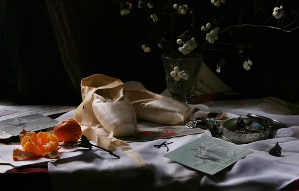 Decoration, the dark background, table, shoes, bouquet, still life, jewelry, items
