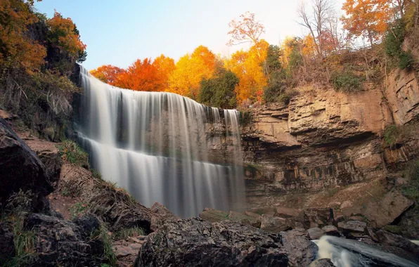 Picture autumn, forest, the sky, trees, stones, rocks, waterfall, stream