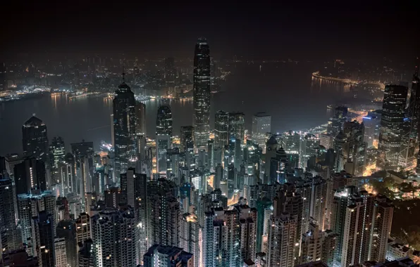 Night, Hong Kong, skyscrapers, megapolis, Hong Kong