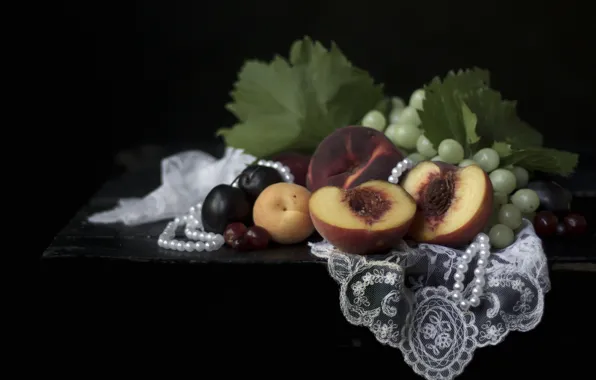 Necklace, grapes, fruit, still life, apricot, plum, peach