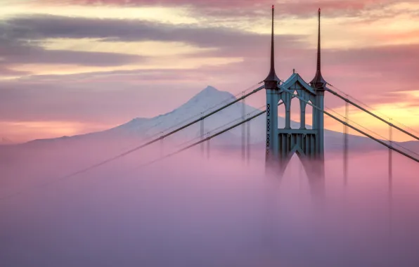 Picture city, USA, twilight, bridge, sunset, Portland, mountain, snow