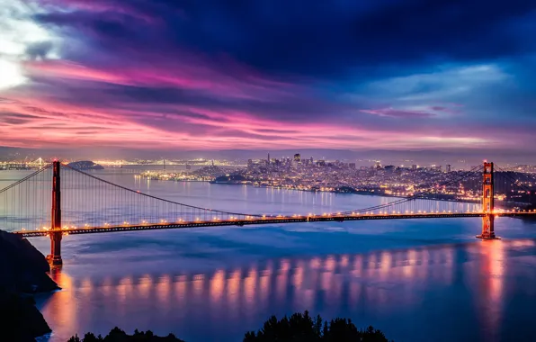 City, lights, USA, Golden Gate Bridge, twilight, skyline, sky, sea