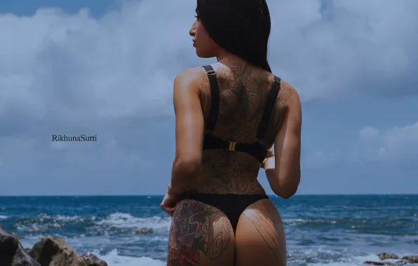 Sea, swimsuit, ass, the sky, the sun, clouds, pose, stones