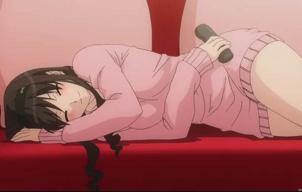Girl, smile, sofa, pink, anime, brunette, girl, cutie