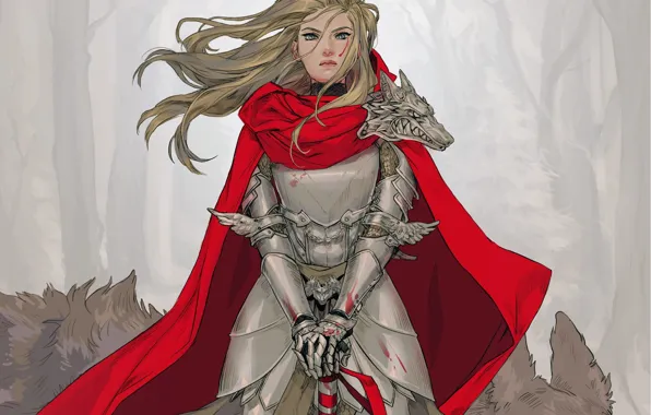 Look, girl, red, sword, armor, art, cloak
