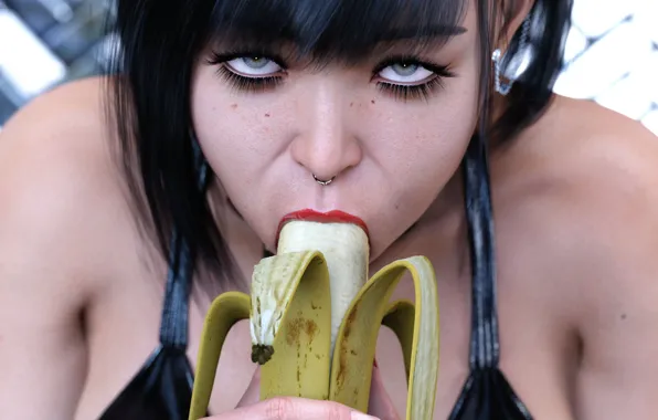 Picture Girl, Look, Eyes, Brunette, Piercing, Banana, Lips, Banana