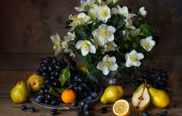 Flowers, berries, lemon, grapes, fruit, still life, pear, Jasmine