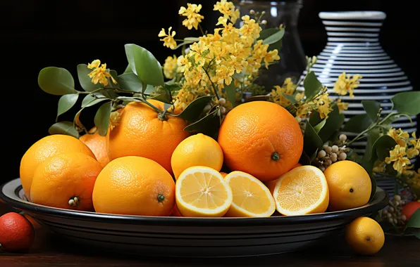 Leaves, flowers, table, oranges, plate, pitcher, fruit, black background