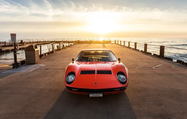 Sunset, The sun, Color, Sea, Auto, Lamborghini, Machine, Pierce