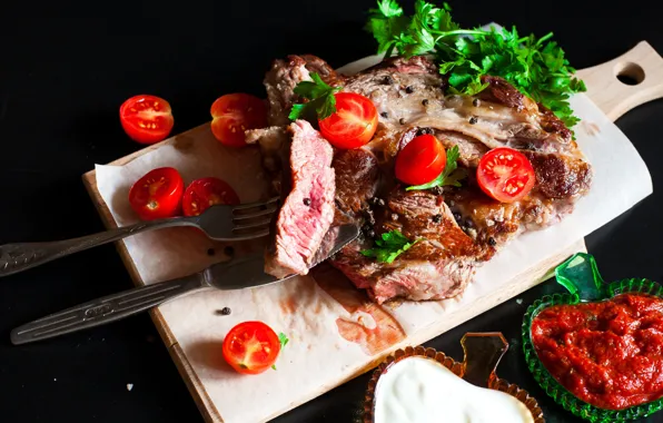 Food, meat, tomatoes, sauce, ketchup, tomatoes, meat, steak
