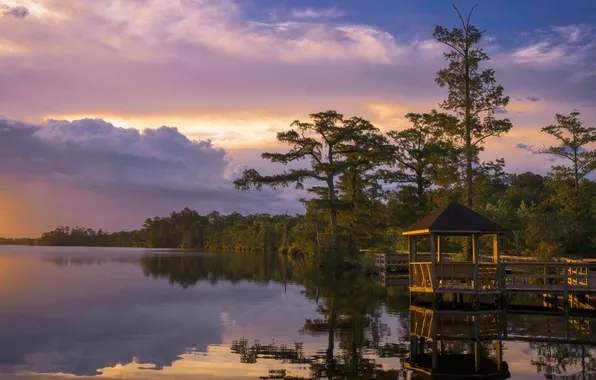 The sky, trees, sunset, lake, dawn, the bridge