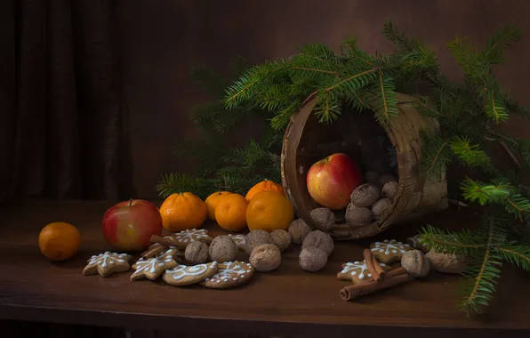 Branches, the dark background, table, apples, cookies, Christmas, New year, still life