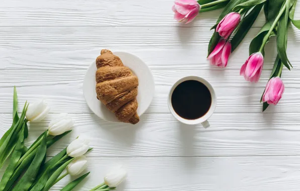 Flowers, coffee, Breakfast, Cup, tulips, pink, white, heart