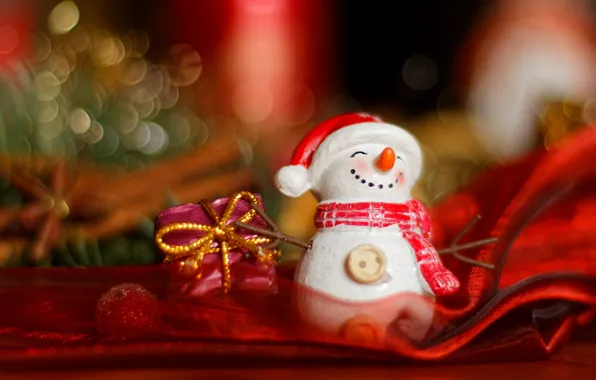 Picture smile, toy, new year, Christmas, snowman, bokeh, Christmas decorations, blurred background