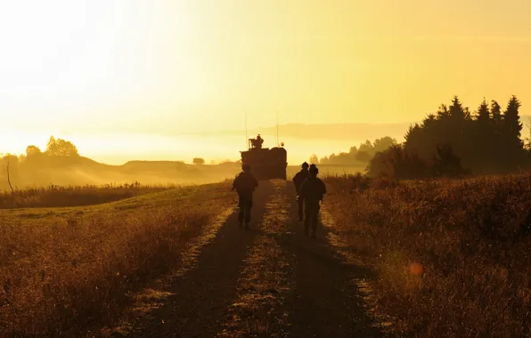 Road, landscape, sunset, soldiers