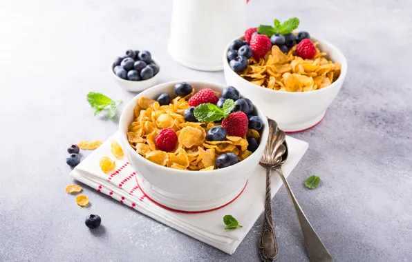 Raspberry, Breakfast, blueberries, mint, cereal, Iryna Melnyk