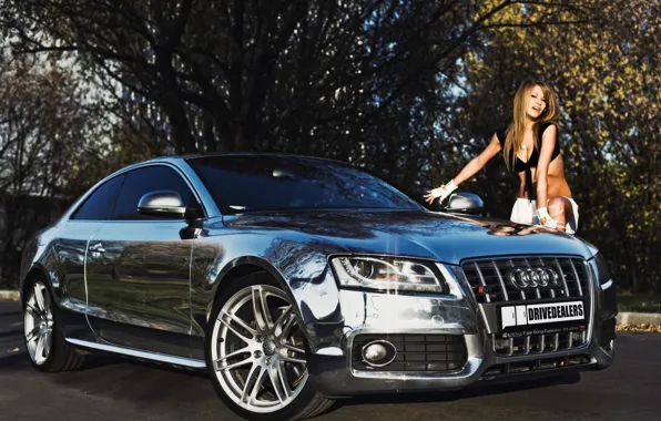 Machine, auto, autumn, girl, audi, foliage, blonde, beautiful