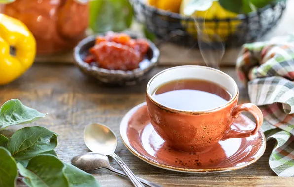 Tea, jam, quince, spoon, Cup and saucer, Karina Klachuk