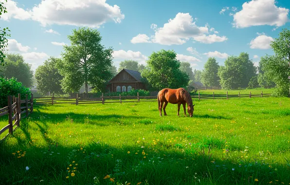 The sky, grass, clouds, trees, landscape, house, horse, figure