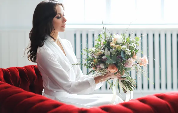 Girl, light, flowers, red, pose, smile, room, sofa