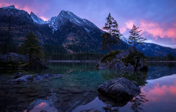 Forest, trees, mountains, river, stones, the evening, Germany, Bayern