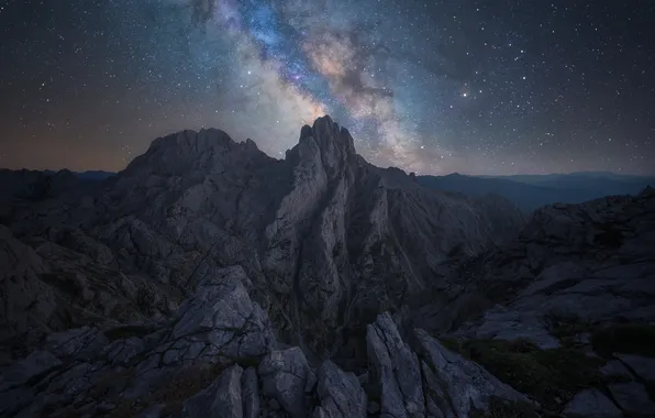 Stars, mountains, night, rocks, the slopes, tops, view, height