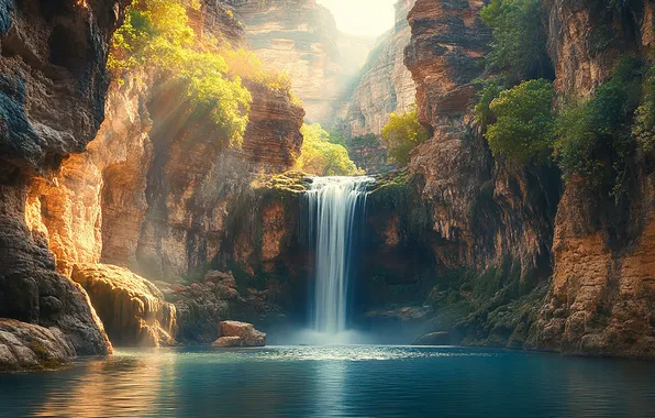 The sun, rays, light, mountains, rocks, vegetation, waterfall, stream