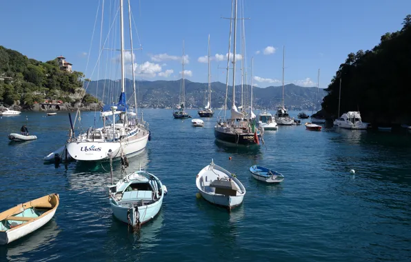 Sea, mountains, yachts, boats, Italy, Liguria, the entrance to the Bay of Portofino