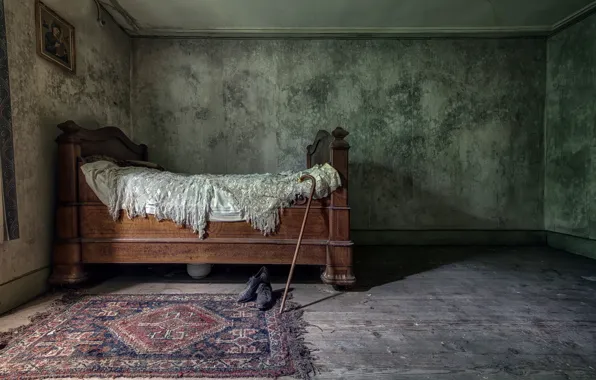 Room, bed, shoes, cane