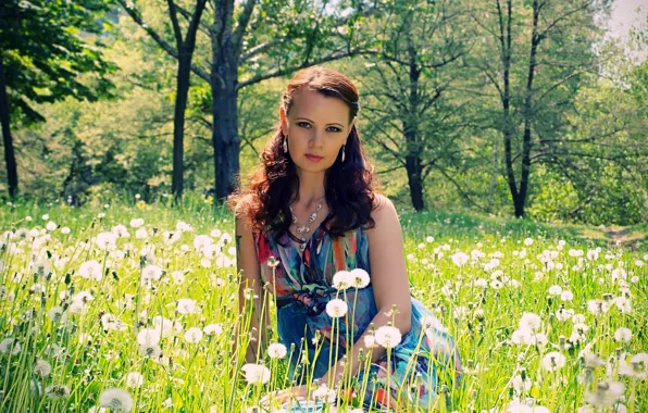 Picture greens, summer, grass, girl, trees, mood, dress, hairstyle