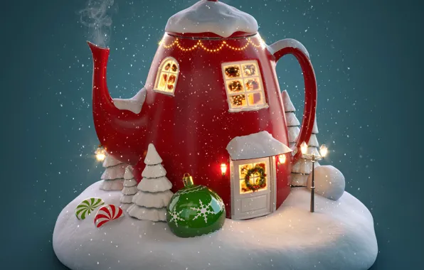 Picture kettle, winter, snow, decoration, merry chrismas, holiday celebration