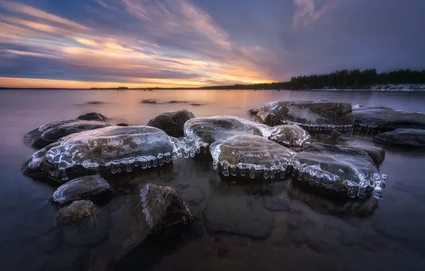 Sunset, lake, the evening, horizon, boulders, Mikhail Kharitonychev