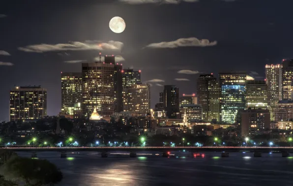 Night, the moon, building, Moon, Boston