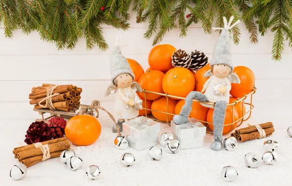 Holiday, angels, gifts, New year, figures, composition, tangerines, Rights Reserved