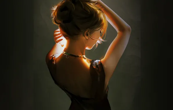 Necklace, in the dark, portrait of a girl, from the back, hands above your head