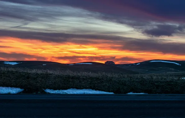 Road, grass, snow, sunset, mountains, clouds, hills, the slopes