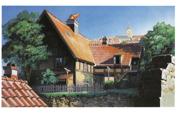 Summer, trees, house, the fence, tower, roof, Kiki's delivery service, kiki`s delivery service