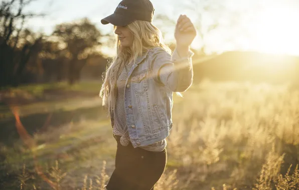 Girl, blonde, cap, dzhinsovka, denim jacket