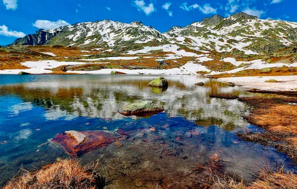 Picture the sky, clouds, snow, mountains, lake, stones