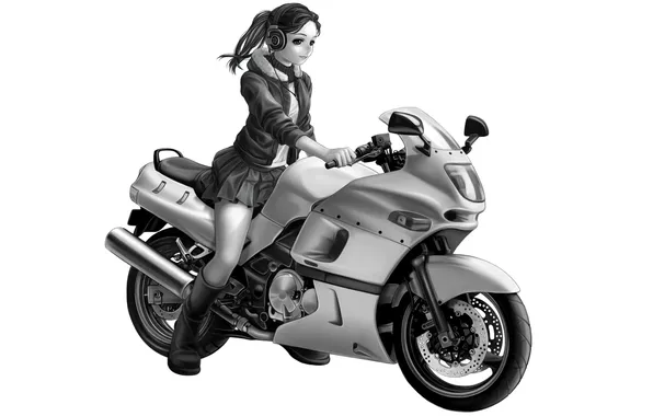 Picture girl, figure, headphones, motorcycle, white background