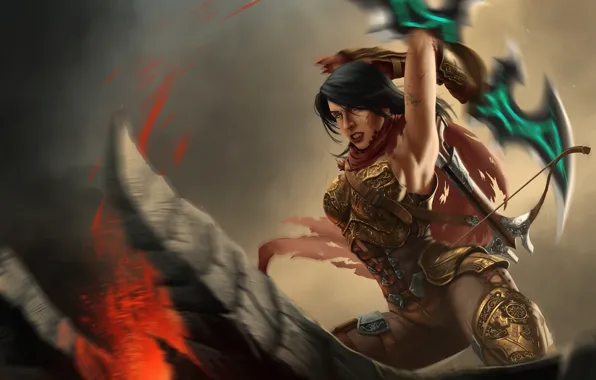 Girl, blood, figure, sword, armor, fantasy, art, rage