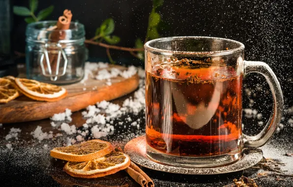 Glass, the dark background, table, tea, oranges, mug, Cup, Bank