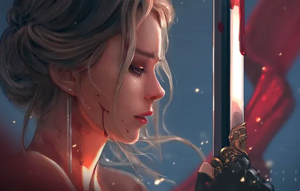 Girl, sword, blood, fantasy, blue eyes, artist, blonde, digital art