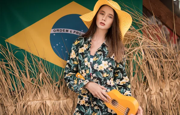 Picture model, Girl, hat, figure, dress, flag, hairstyle, ukulele