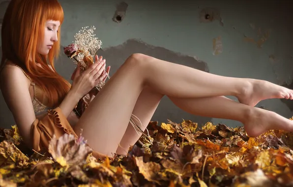 Autumn, leaves, girl, pose, feet