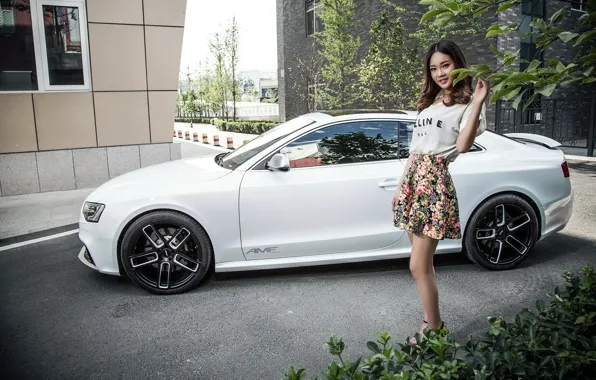 Picture greens, look, trees, Audi, Girls, Asian, beautiful girl, white car