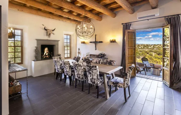 Room, fireplace, dining room, Santa Fe, hasienda, Santa Fe, Home along the Turquoise Trail