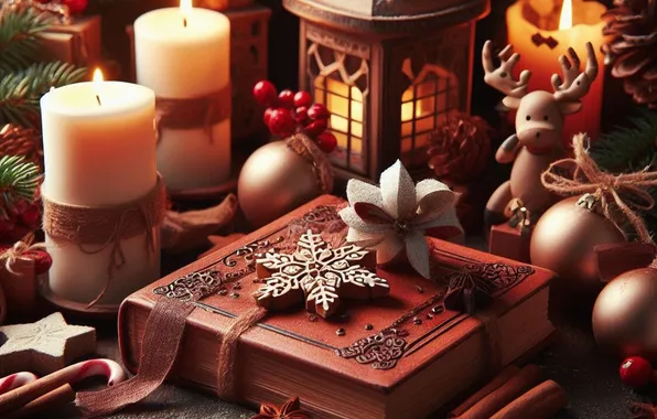 Balls, snowflakes, berries, table, toy, toys, Board, candles