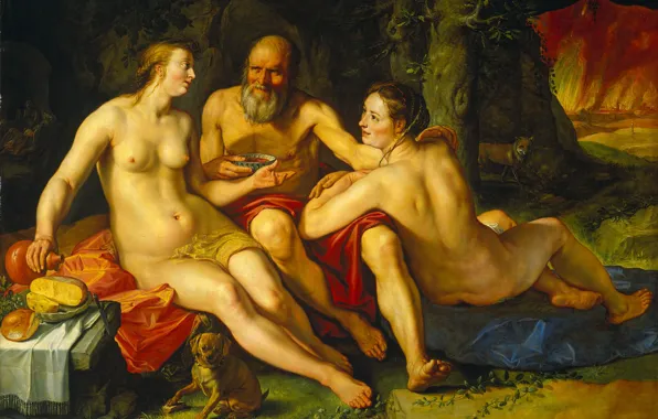 Oil, picture, mythology, Hendrik Goltzius, Lot and his Daughters.