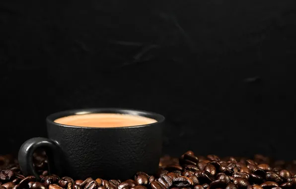 Coffee, mug, Cup, black background, placer, a lot, coffee beans, foam